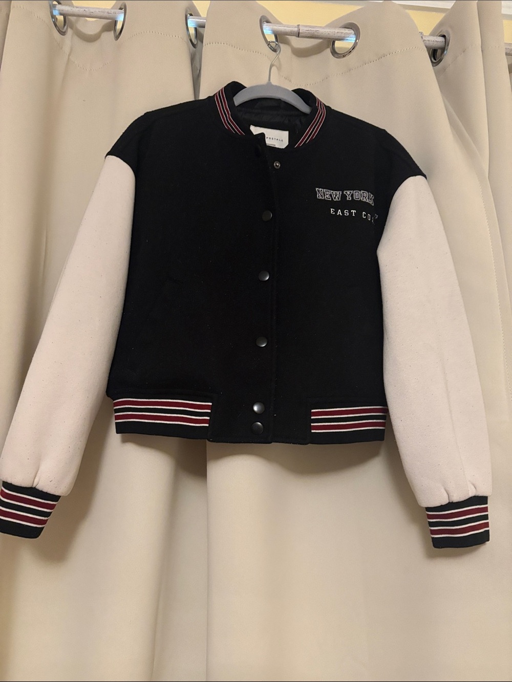 Aeropostale Black & Cream Girls' Varsity Jacket with Stripe Trim M